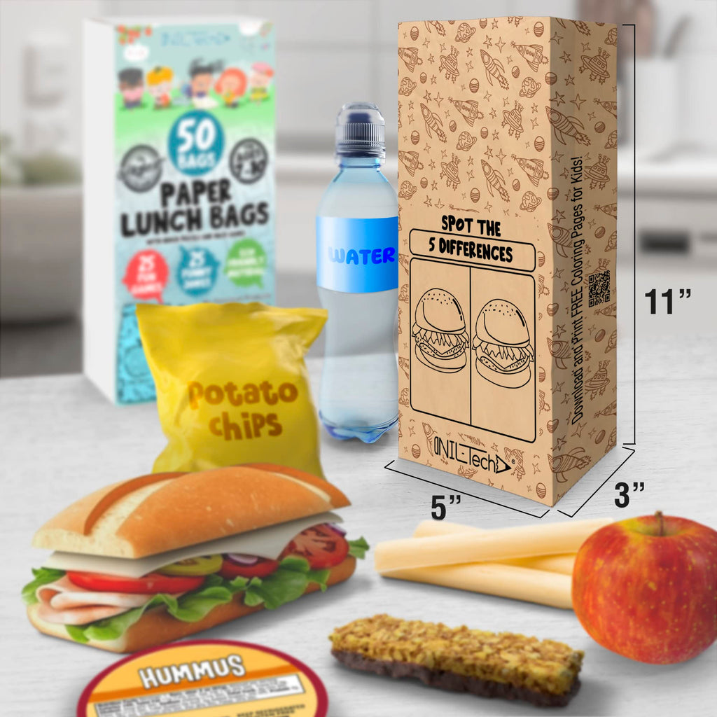 NIL-Tech Paper Bags for Small Business 150 Count (3 Pack) — Disposable Brown Kraft Lunch Bags for Schools, Bakeries & To Go | Games Printed | Food Safe Bulk Paper Bags | 6LB