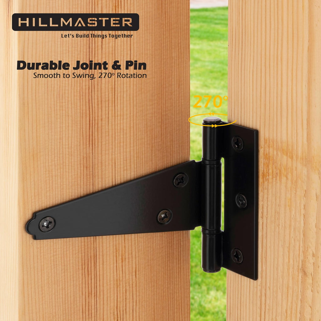 HILLMASTER 4 Inch T-Strap Hinges Heavy Duty Shed Door Hinges Gate Strap Hinges Black Tee Hinge Wrought Gate Hardware Small T Hinges for Wooden Fences,Shutter,Window,Barn,Outdoor Rustproof(6 Pack)