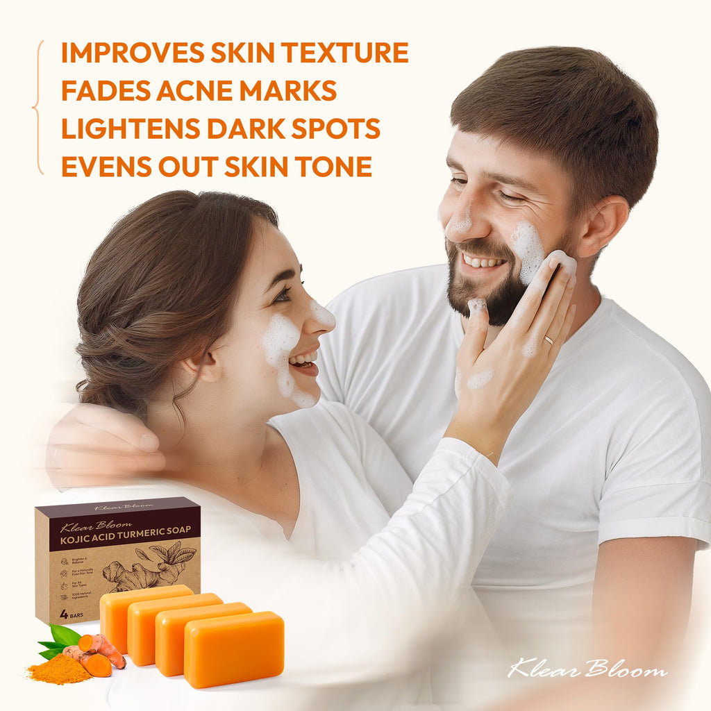 KlearBloom Kojic Acid Soap, Turmeric Soap Bar for Dark Spots Brightening & Moisturizing with Collagen, Vitamin E, Retinol, Hyaluronic Acid, Shea Butter, Paraben & Sulfate-Free 105g x4 Bars