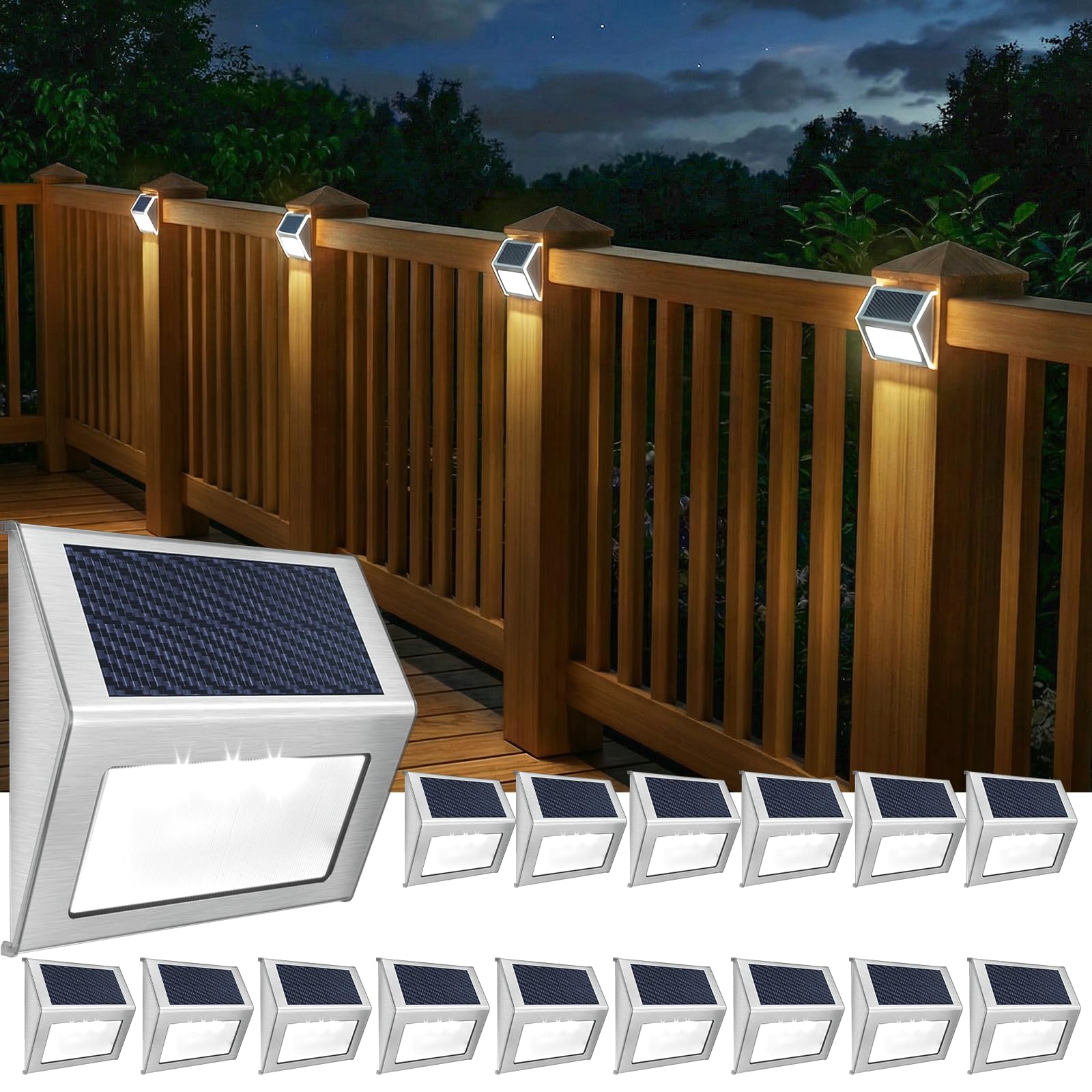 JSOT 16-Pack Solar Deck Lights Outdoor Waterproof, Stainless Steel Cold White LED Fence Lights, Solar Powered Step Lights for Outdoor Stairs, Patio, Railing, Yard, Garden