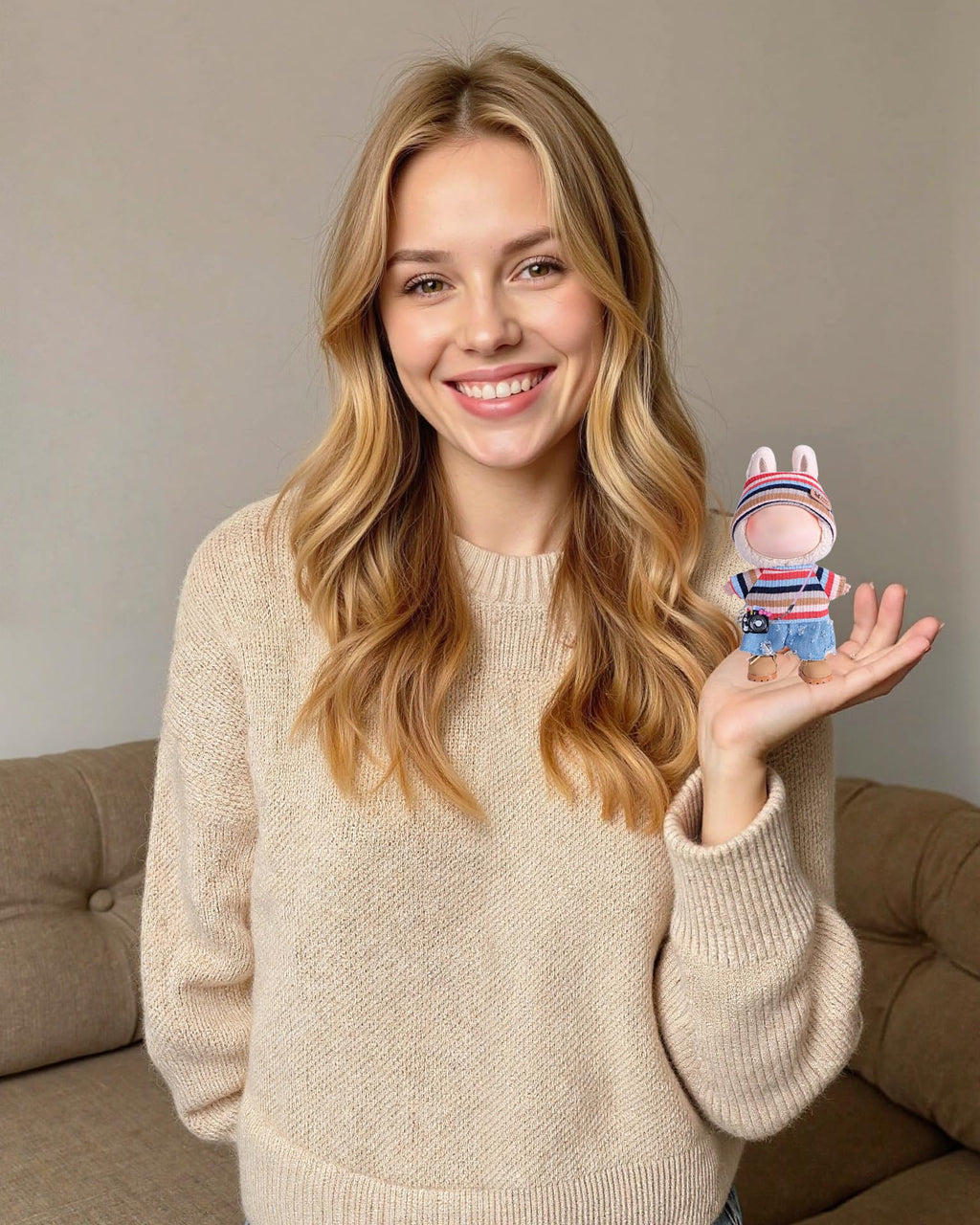 4-Piece Handcrafted 15cm/17cm Doll Clothes for Labubu (No Doll), Cute and Crochet Colorful Rainbow Outfits with Accessories, Hand Crocheted Hat, Sweaters, Blue Pants, Camera Bag for Girls Boys AK072