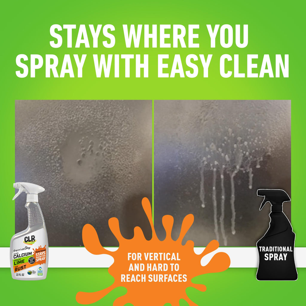 CLR Brands Calcium, Lime & Rust Remover with Cling, 22 oz. Spray Bottle, Adheres to Hard-to-Reach Surfaces, Blasts Calcium, Dissolves Lime Deposits, Zaps Stubborn Rust Stains and Hard Water Deposits
