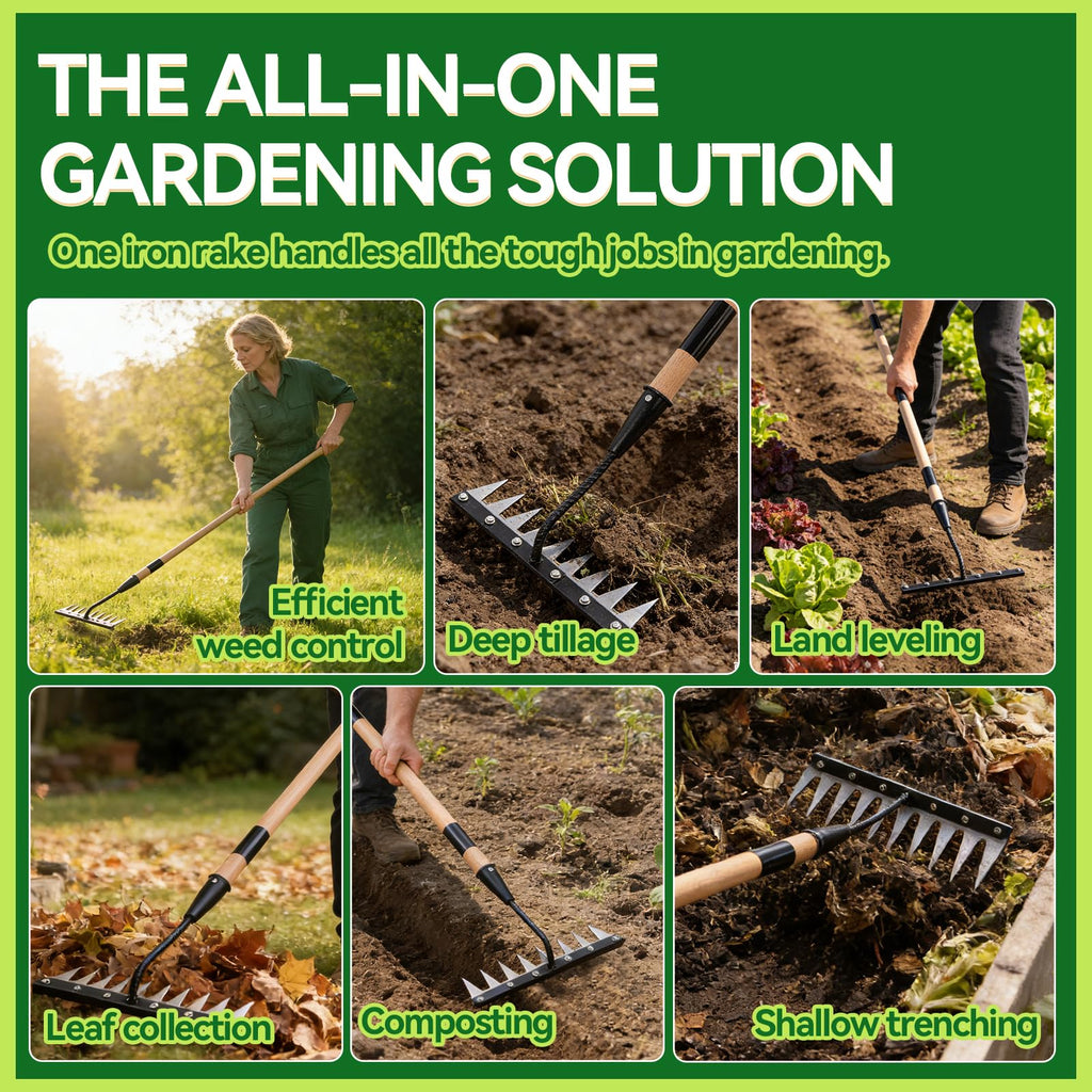 Gardenia 9-Tine Iron Weeding Rake, Heavy Duty Weed Puller for Garden Soil