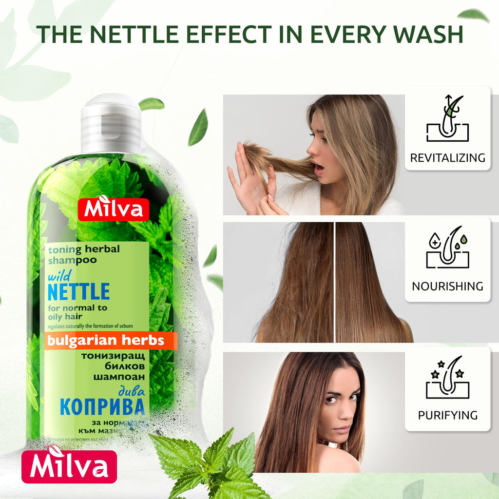 Milva Nettle Shampoo for Oily Hair - 6.7 Fl Oz Natural Oily Hair Shampoo for Greasy Roots & Scalp - Clarifying Degrease Treatment - Control Sebum, Add Volume & Shine - Made in Bulgaria - 200ml