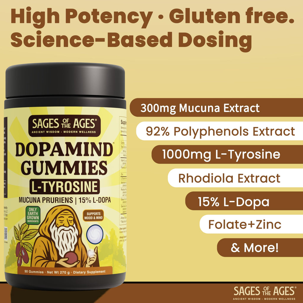 Sages Of The Ages L-Tyrosine Gummies 1000mg – Amino Acid Supplement with Mucuna Pruriens, B Vitamins & Rhodiola – Blueberry Flavor – 90 Gummies