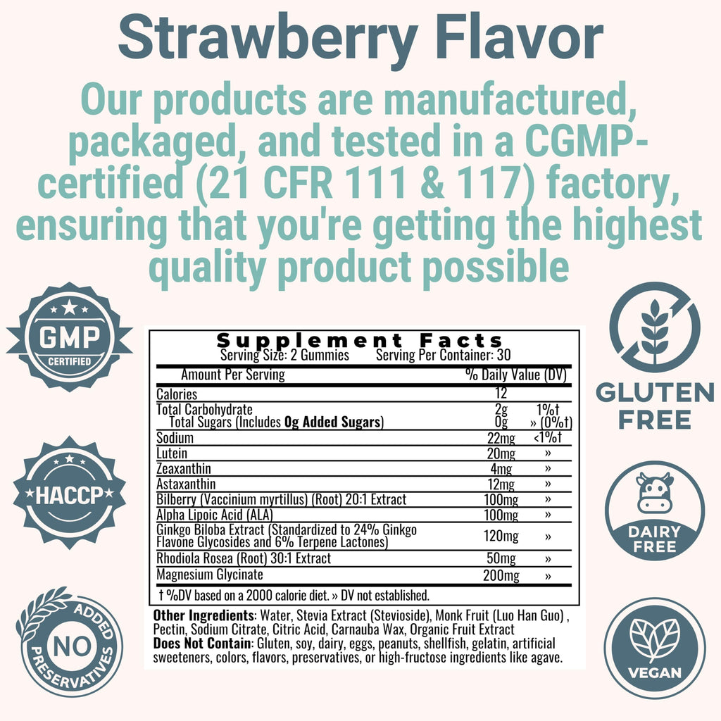 Rhodiola Rosea ALA Ginkgo Biloba Astaxanthin Lutein Zeaxanthin Bilberry Magnesium Glycinate Gummies for Eyes Brain Kids, Rhodiola ALA Capsules Pills Tincture Supplements Alt, 300mg 24mg 20mg 12mg 40mg