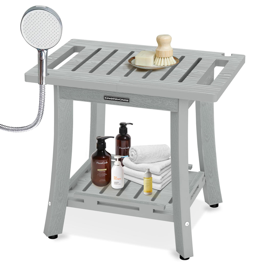 KingPavonini HDPS Shower Benches for Inside Shower to Sit on, Waterproof Shower Stool for Shaving Legs, Heavy Duty 400LBS Shower Seat with Storage Shelf, Shower Chair for Bathroom/Indoor/Outdoor Use