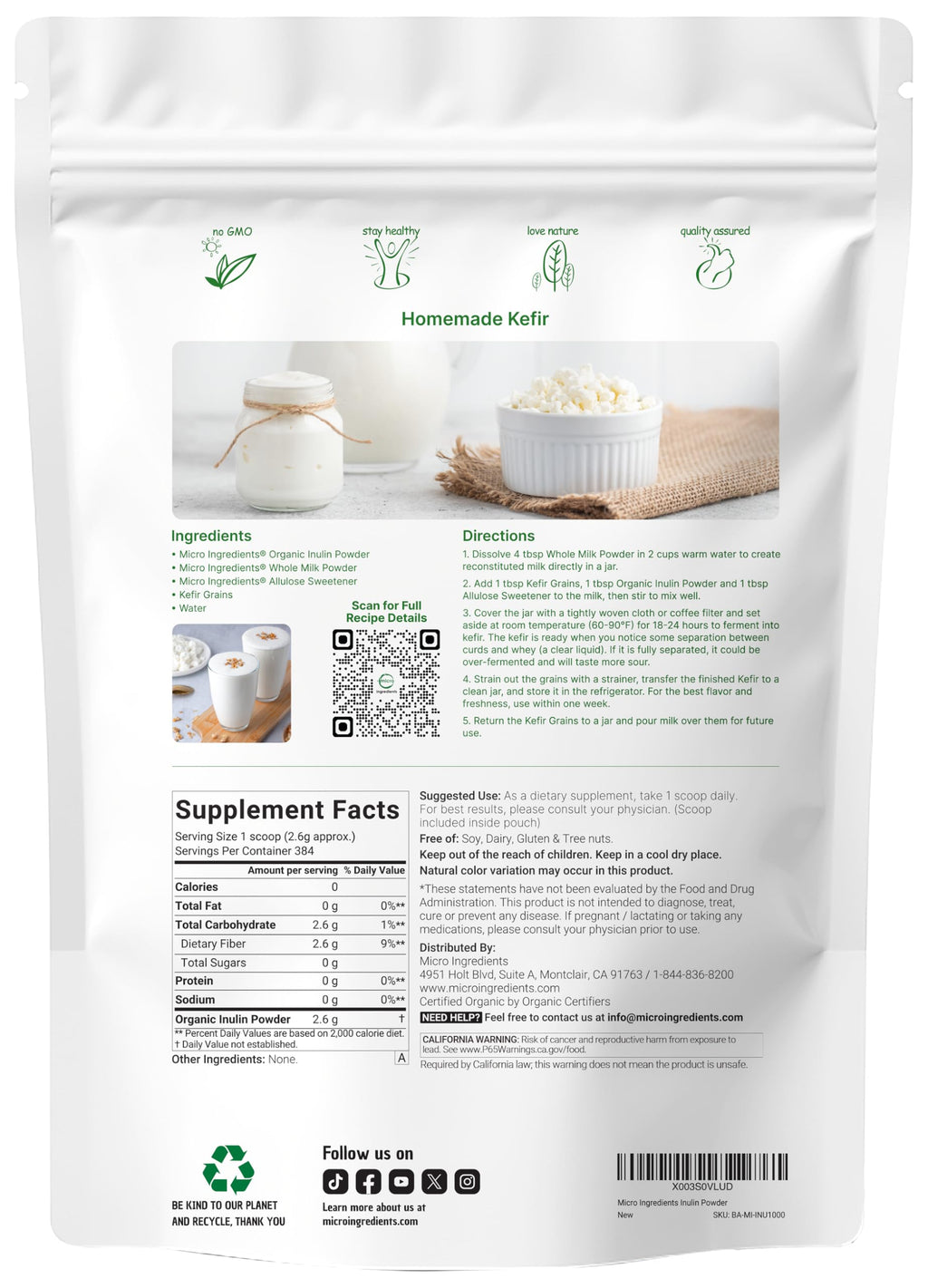 Micro Ingredients Organic Inulin FOS Fiber Powder, 2.2 lbs | Quick Water-Soluble Prebiotic | Natural Fiber for Smoothies & Drinks | Vegan Friendly, Dissolves Clear