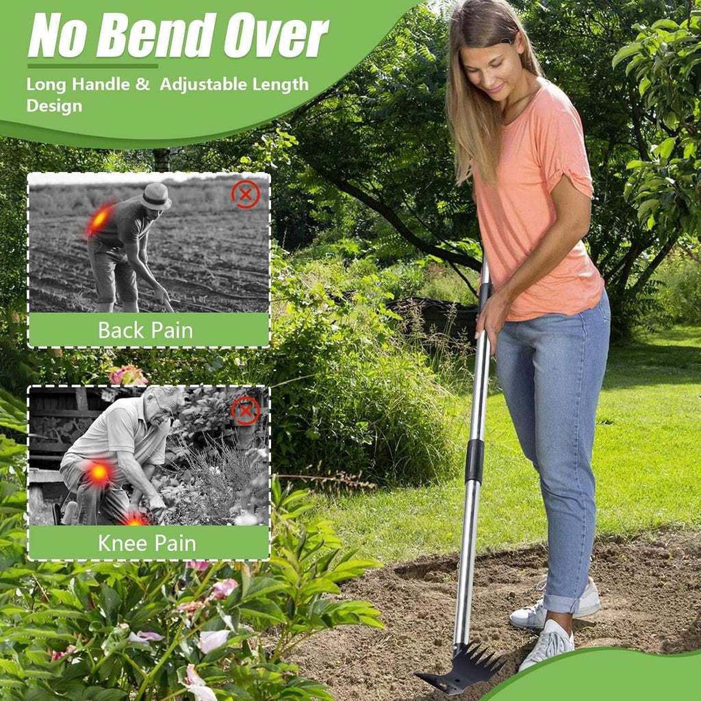 Weed Puller Tool 58" Telescoping, 2-in-1 Adjustable Manual Weeders Garden Hoe & Weed Rake, Long Handle Ergonomic Weeding Tool for Lawn, Garden & Yard Includes Work Gloves