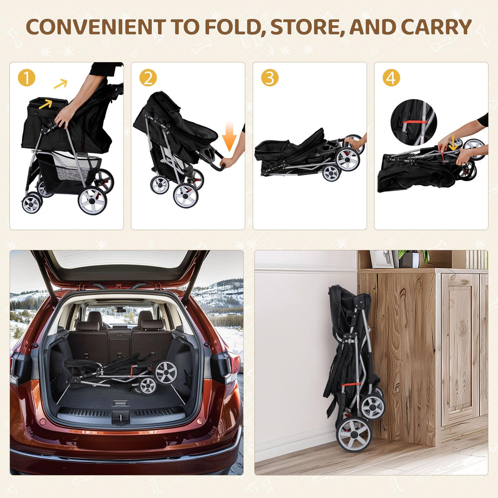 ZENY Foldable Pet Stroller, Cat/Dog Stroller with 4 Wheel, Pet Travel Carrier Strolling Cart with Storage Basket, Cup Holder (Black)