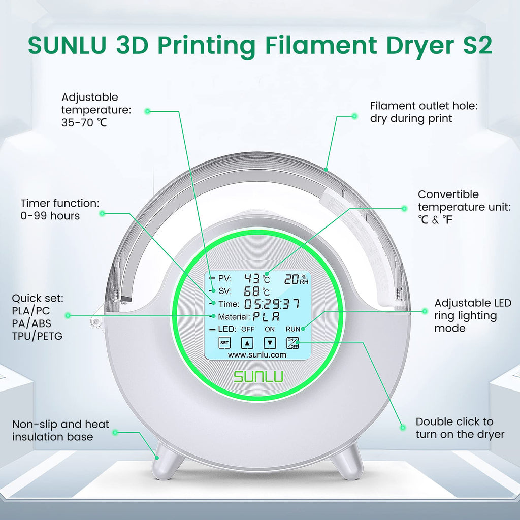 SUNLU Official Filament Dryer S2 Plus, 70℃ Max Temperature, Built-in Circulation Fan, 3D Printer Filament Storage Box Filament Dehydrator, Nylon TPU PLA PETG ABS 3D Printer Filament Dryer Box, White