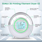 SUNLU Official Filament Dryer S2 Plus, 70℃ Max Temperature, Built-in Circulation Fan, 3D Printer Filament Storage Box Filament Dehydrator, Nylon TPU PLA PETG ABS 3D Printer Filament Dryer Box, White
