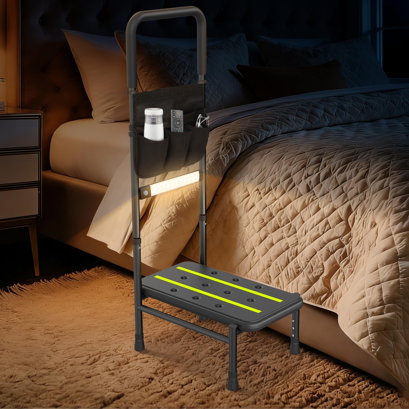 Upgraded Step Stool with Handle for Elderly Adults, Sturdy Bedside Step Stool for High Beds, Handle Step Stools with Sensor Light & Storage Bag,Heavy Duty 650lbs Bed Steps with Adjustable Handle & Leg