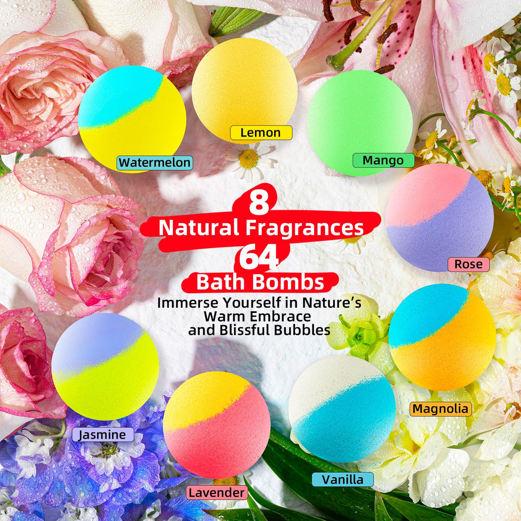 64 Pack Natural Bath Bombs Bulk Set, Christmas Stocking Stuffers for Women