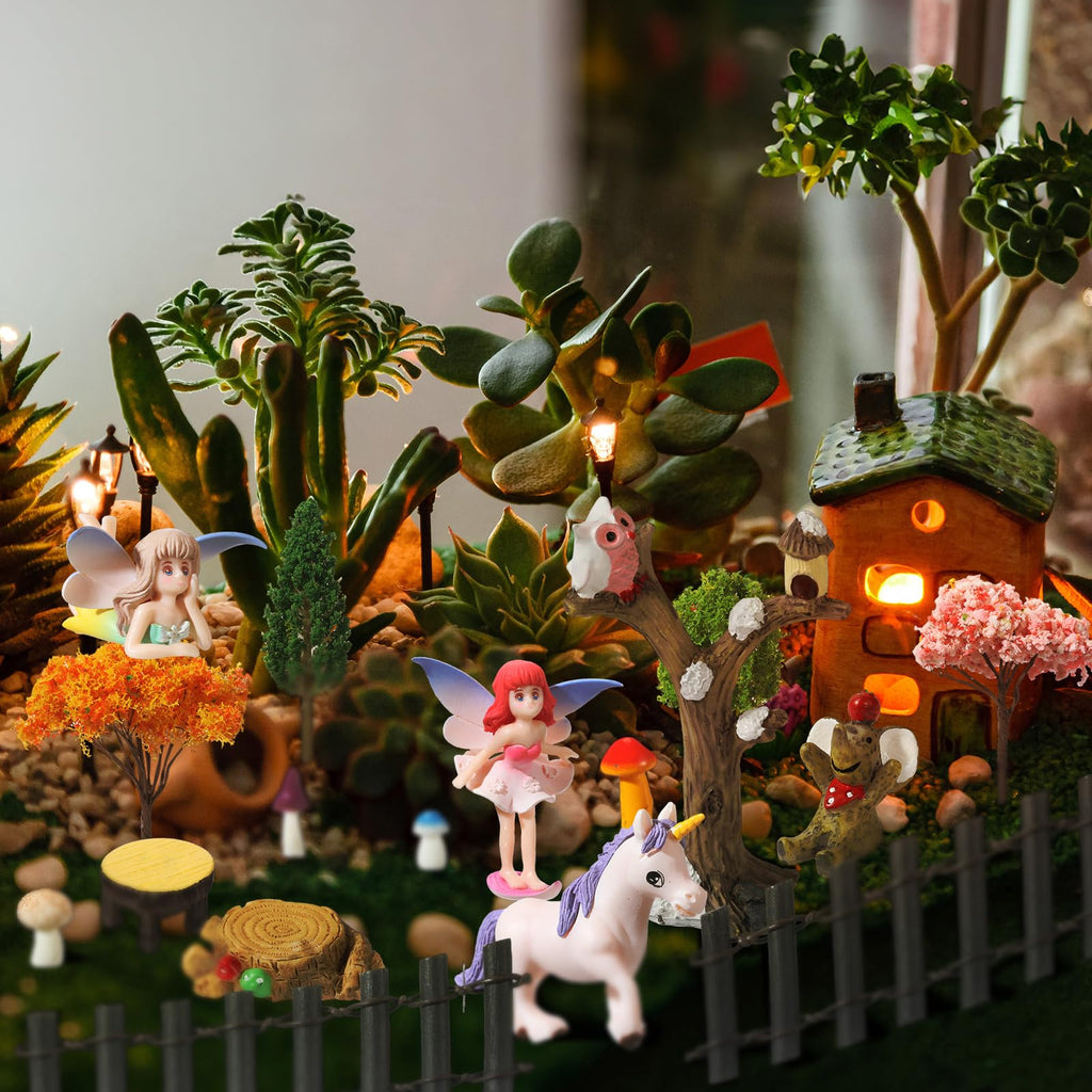 58 Pcs Miniature Garden Set Flower Angel Fairy House Animals Trees Diorama Supplies Fairy Village Mini Terrarium Figurines Micro Landscape Ornaments for DIY Garden Decor Succulent Dollhouse Craft