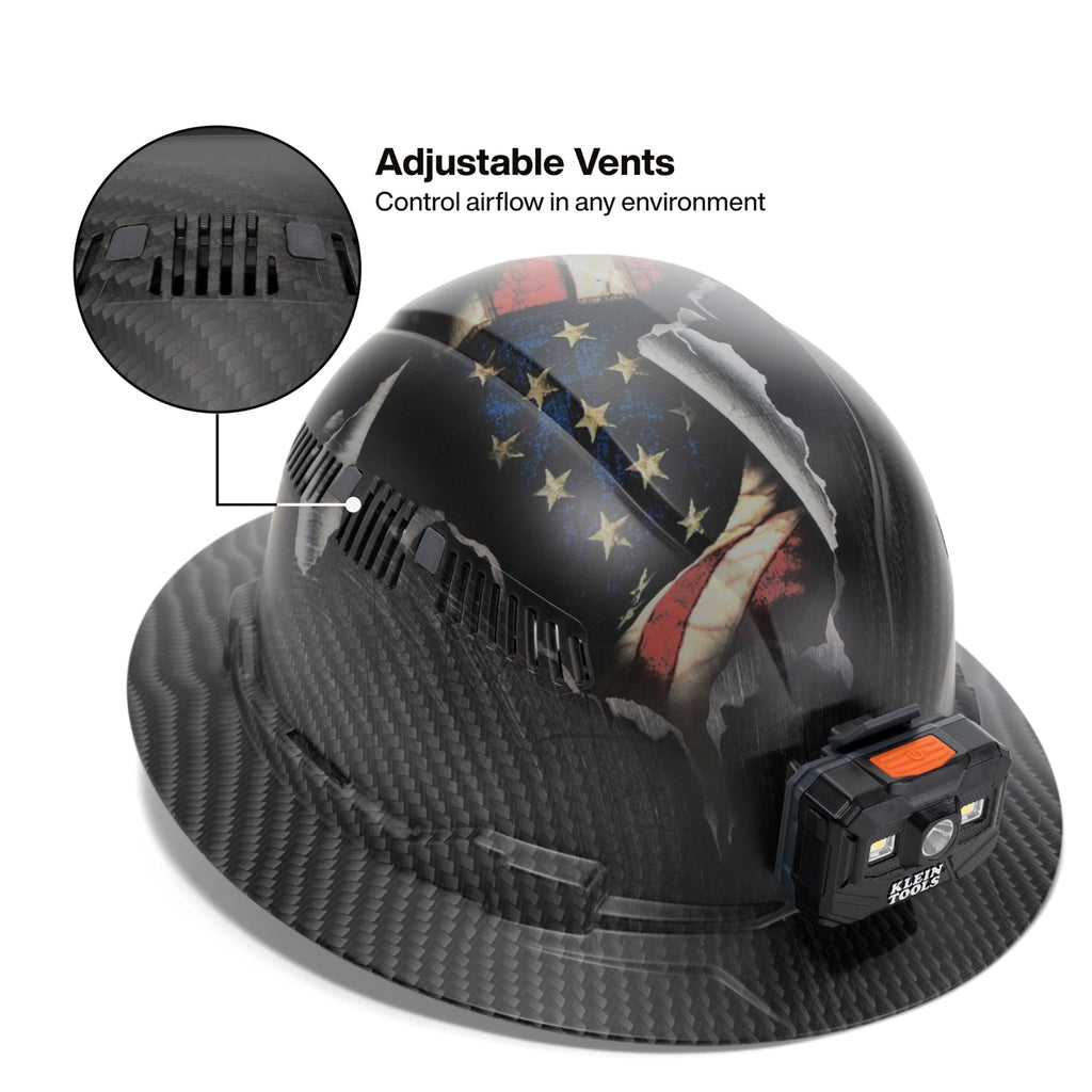 Klein Tools 60347FS Hard Hat, Vented Full Brim, Class C, Premium KARBN Freedom Series Pattern, Rechargeable Lamp, Padded Sweat-Wicking Sweatband, Top Pad