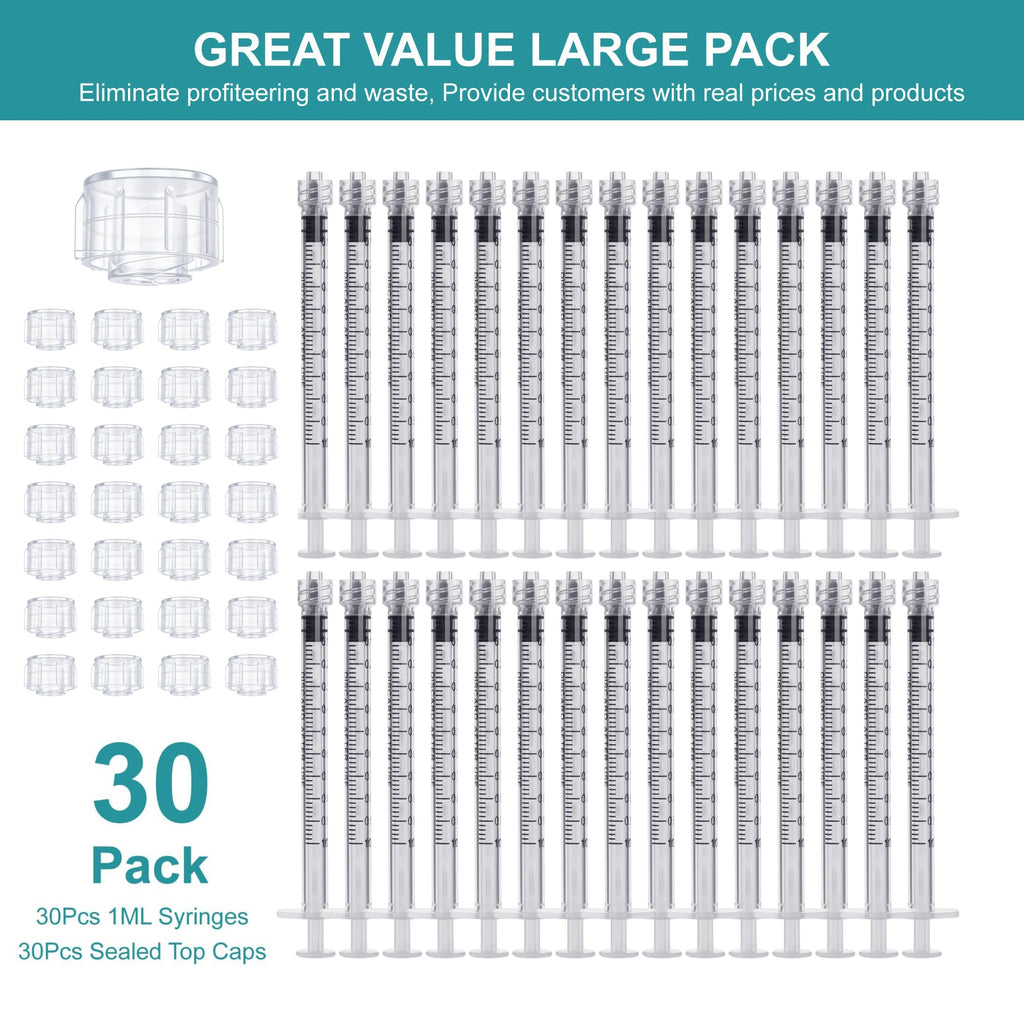 30Pack 1ml Luer Lock Syringe Without Needle - 1cc Plastic Syringes Individually Sterile Sealed with Tip Caps, No Needles ( 30Pack 1 ml )