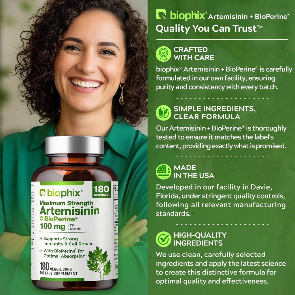 biophix Artemisinin Supplement + BioPerine® 100 mg - 180 Vegan Cap - Maximum Strength Sweet Wormwood Extract - Supports Cellular Health, Antioxidant Balance & Immune Function