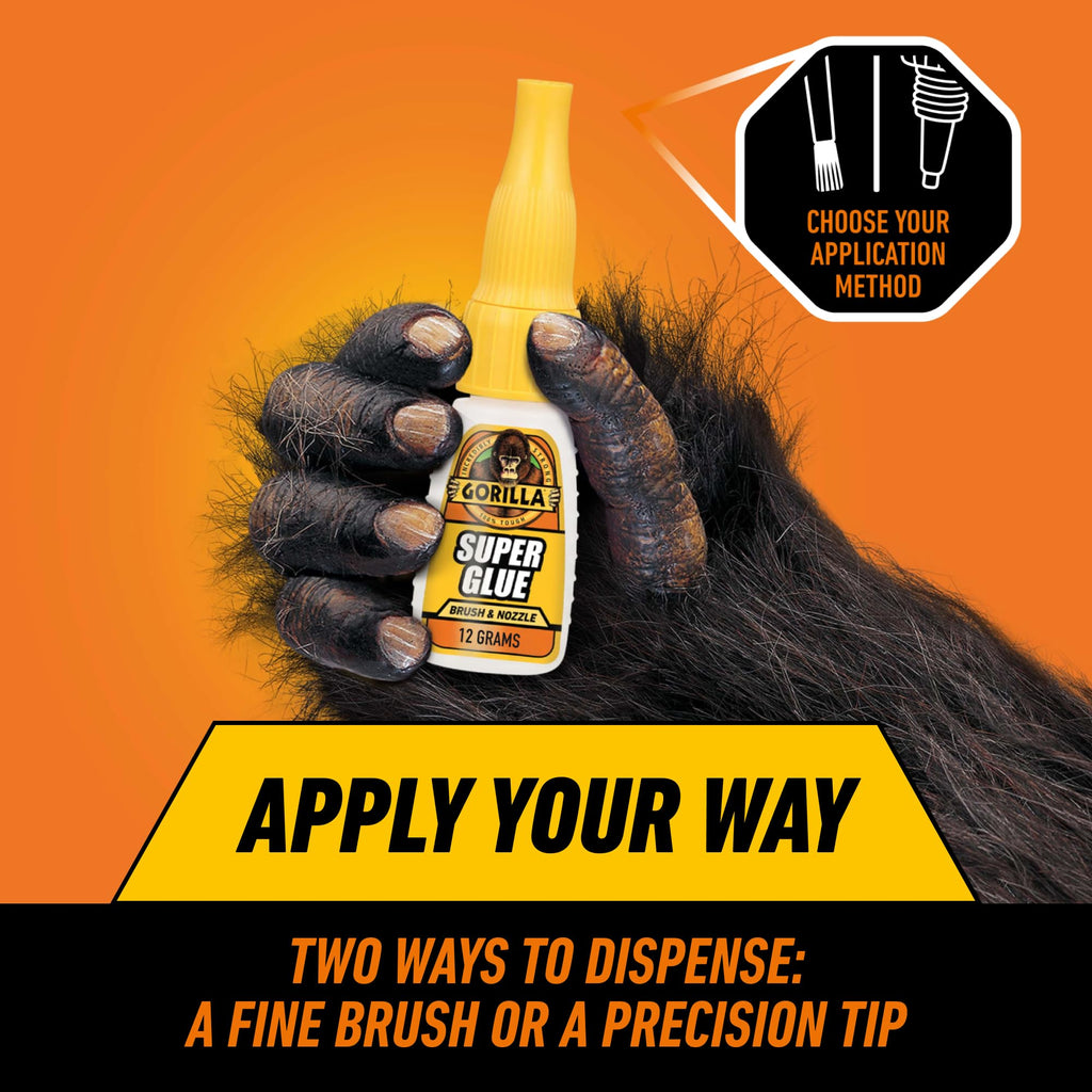 Gorilla Super Glue, Brush and Nozzle Two-Way Applicator, Clear, 12 g