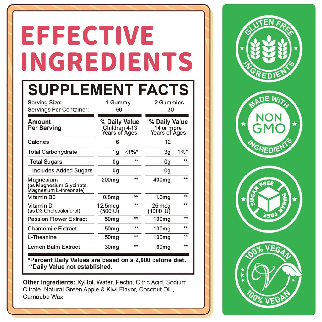 Magnesium Gummies for Kids - Magnesium Glycinate Gummies with L-Theanine, Vitamin B6, D3 for Kids & Adults Sleep, Calm, Relaxation, Brain, Bones, Muscle Relief, Sugar Free Green Apple & Kiwi 60ct