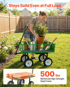 VEVOR 500 LBS Steel Garden Cart with Work Seat, Heavy Duty Garden Wagon Cart on Wheels, Outdoor Metal Utility Yard Wagon Gardening Stool with 10inch Flat Free Tires & Adjustable Handle, Green