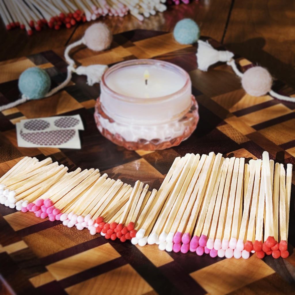 2" Light Pink Tip Safety Matches | Set of 200+ Bulk Artisan Matchsticks with Striker Stickers by Thankful Greetings | Decorative & Unique Candle Lighting, Home Decor, Wedding Giveaways, & Events