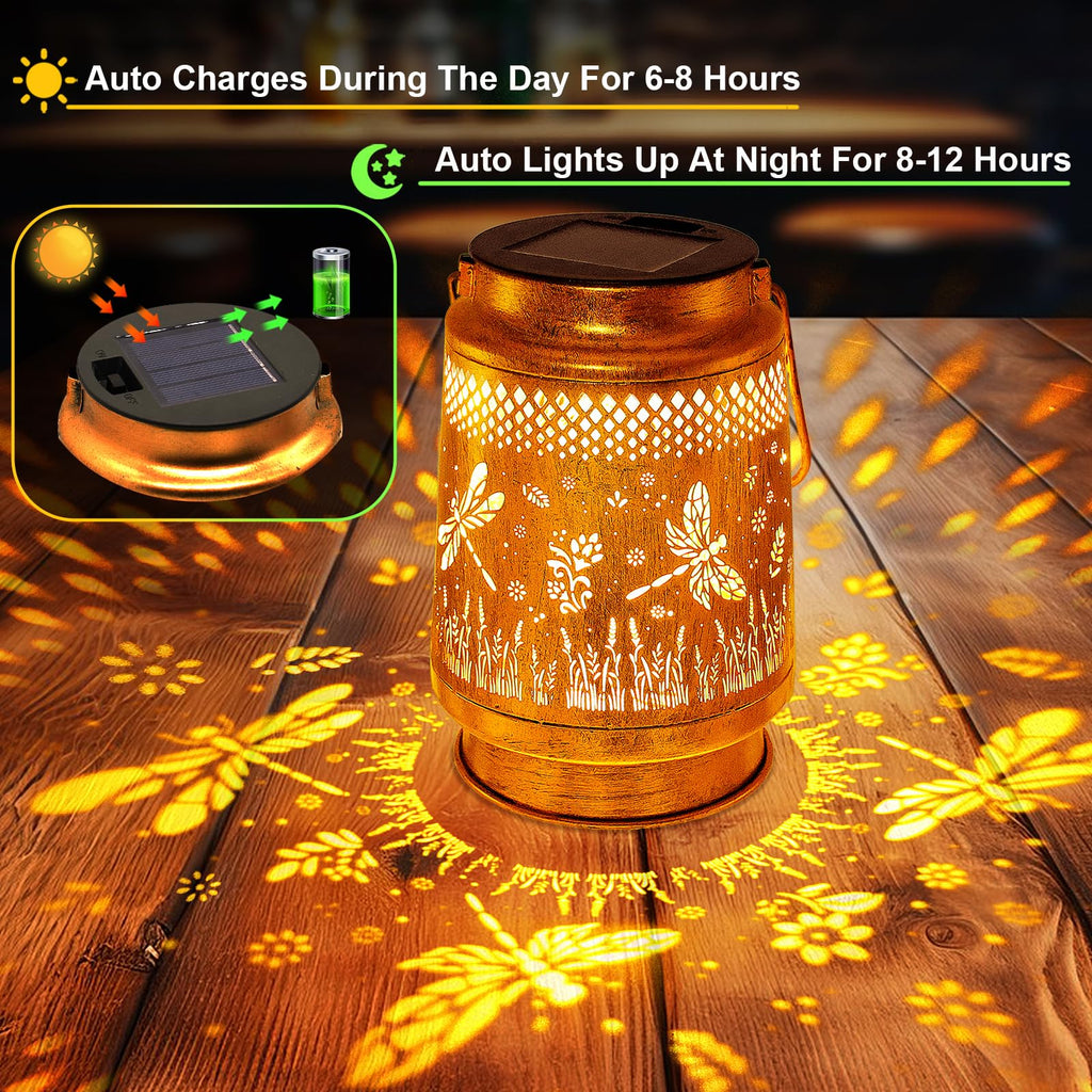 2 Pack Solar Lanterns Outdoor Waterproof Dragonfly Garden Decor, Birthday Gifts for Women Mom Grandma, Hanging Solar Lights Metal LED Decoration with Shepherd Hook Outside for Yard Patio Lawn Porch