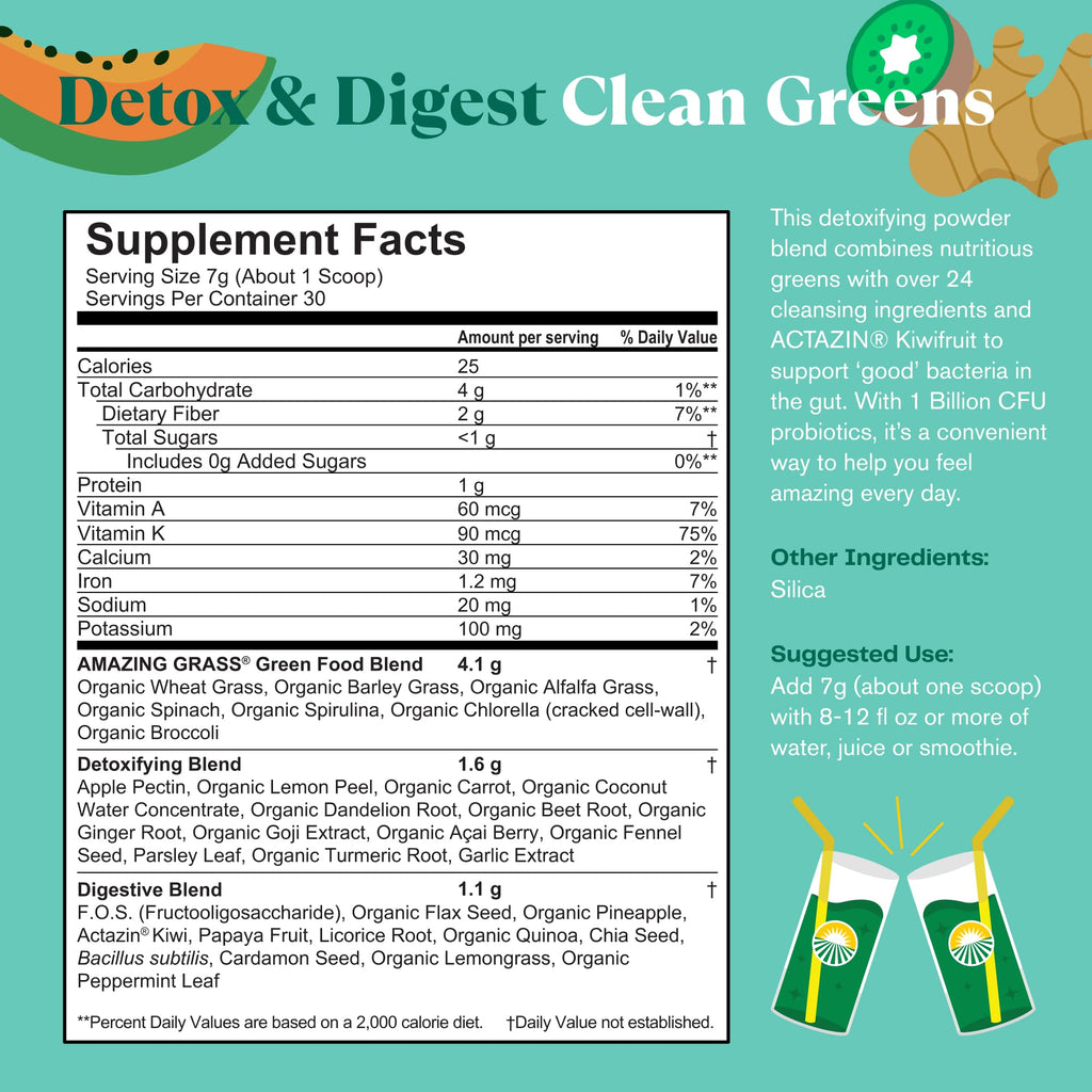 Amazing Grass Greens Blend Detox & Digest, Smoothie Mix, Cleanse with Super Greens Powder, Digestive Enzymes & Probiotics, Clean Greens, 30 Servings, 7.4 Ounce (Packaging May Vary)