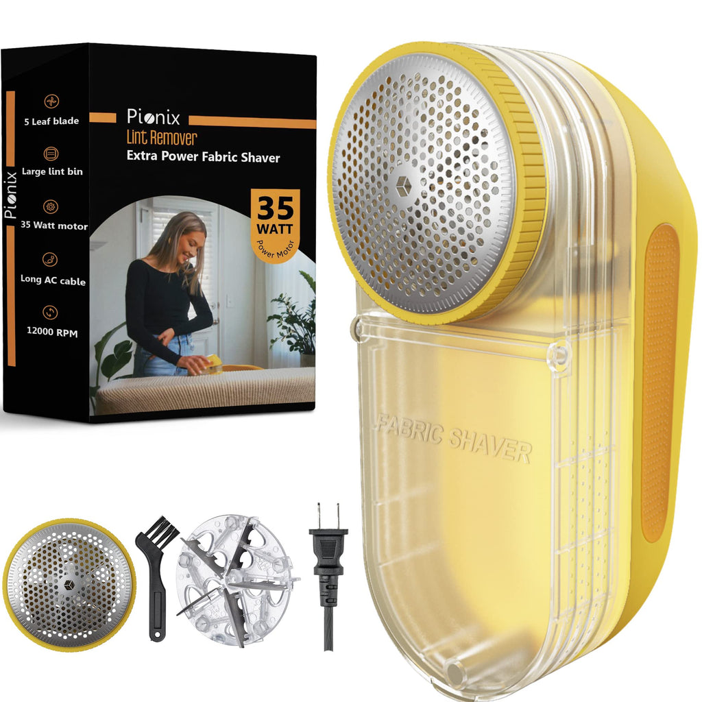 Pionix Extra Power Fabric Shaver - 35W Electric Lint Remover for Clothes/Upholstery/Furniture/Couch - Speed of 12000 RPM - Heavy Duty Sweater Shavers to Remove Pilling - Large Fuzz Remover Yellow