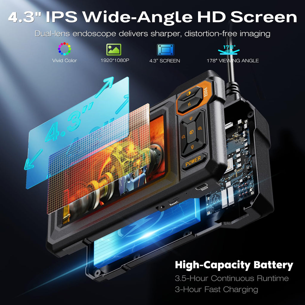 Borescope Dual Lens Endoscope Camera with Light, 4.3" IPS 1920P HD Inspection Camera, 7.9mm IP67 Waterproof with 8+1 Adjustable LEDs, 16.5FT Semi-Rigid Snake Cable for Mechanic, Cool Gadgets for Men