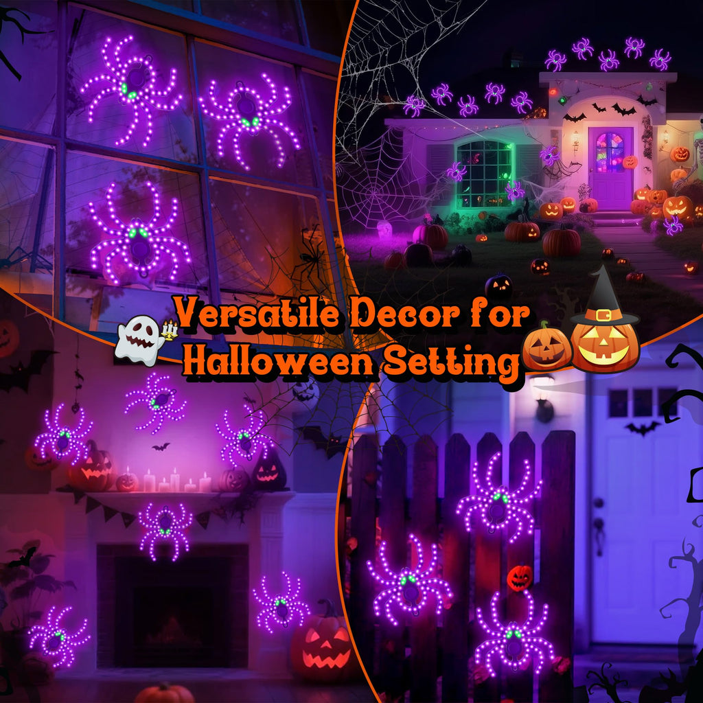 HappyAlley 3 Pack 9" Halloween Classics Twinkling LED Spiders, Hi-Vibrant Aluminum Frame Spiders Window Silhouette Lights, 234 Purple and 12 Green LED Lights, Holiday Indoor Outdoor Decoration