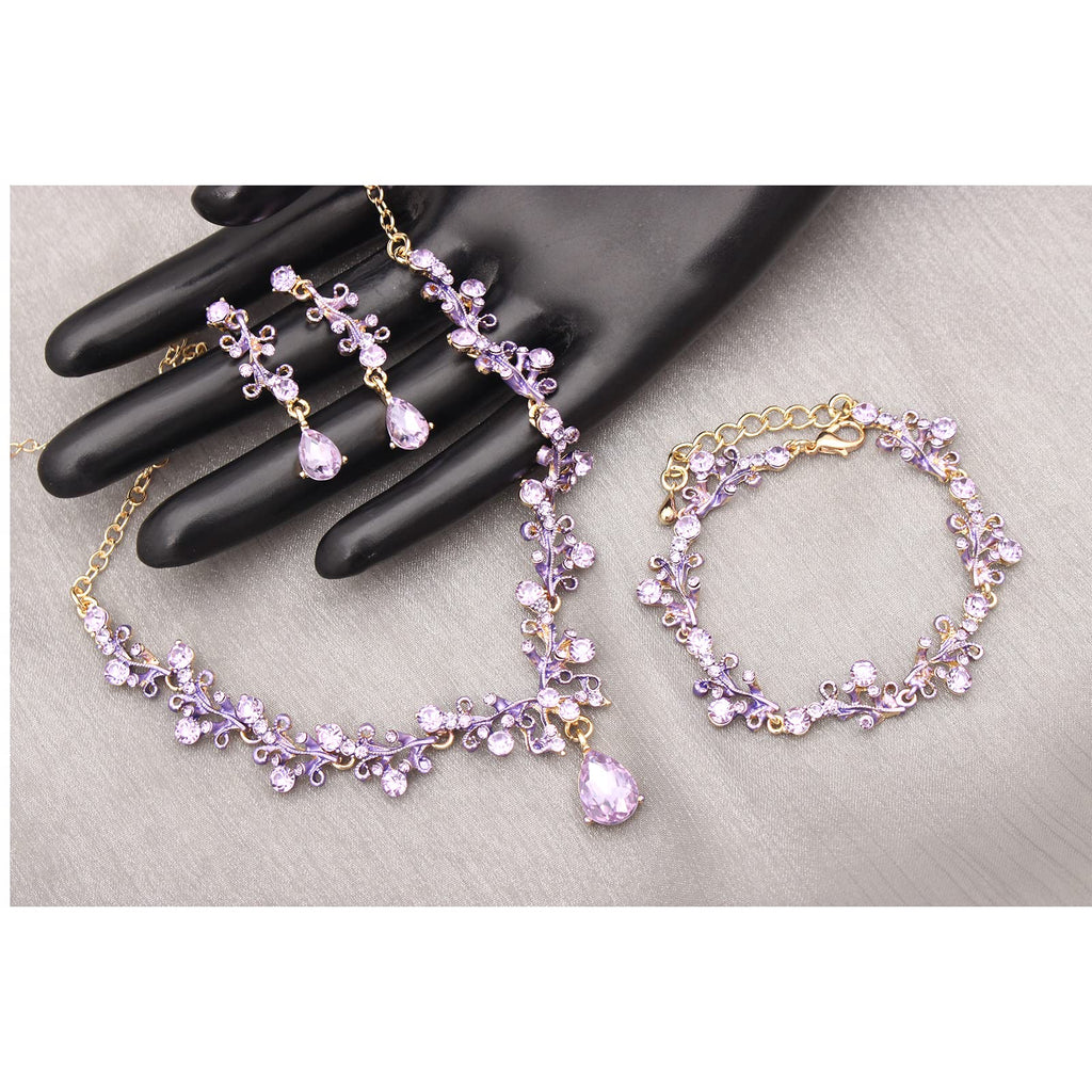 Enrwin 3Pcs Austrian Crystal Jewelry Set for Women, Necklace Dangle Earrings Link Bracelet Jewelry Set with Gold/Platinum/Gun Plated, Wedding Party Jewelry for Bridal Bridesmaid (Violet-Gold Plated)