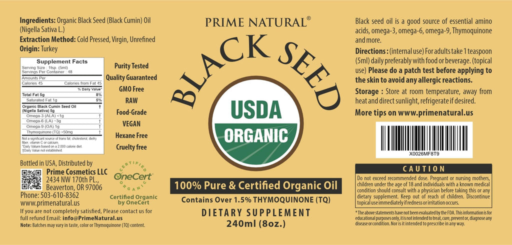 PRIME NATURAL Organic Black Seed Oil 8oz | Cold Pressed Unrefined High Thymoquinone 1.7% USDA Certified | Turkish Origin Potent Pure Nigella Sativa Liquid | Vegan Omega 3 6 9, Antioxidant