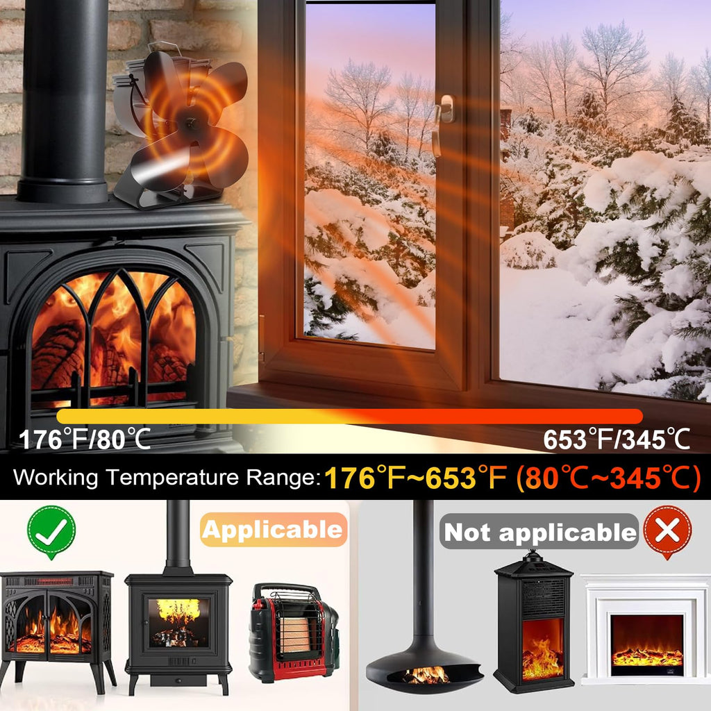 VODA 4-Blade Heat Powered Stove Fan for Wood/Log Burner/Fireplace increases 80% more warm air than 2 blade fan