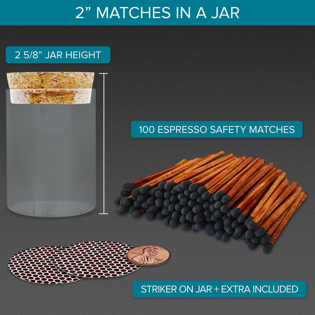 2" Espresso Matches in a Jar + Striker Stickers Included | 100 Brown Stick Black Tip Decorative Safety Matches w/Cork Top Glass Holder | Gifts, Home Decor, & Candle Accessories by Thankful Greetings