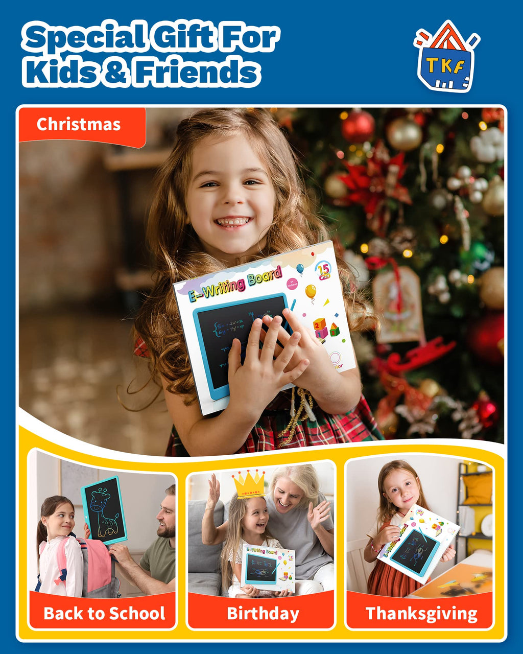 TEKFUN 15" LCD Writing Tablet for Kids, Large Drawing Pad for Boys & Girls, Screen-Free Way to Keep Kids Busy, Reusable Doodle Board for Learning & Travel, Great Christmas Gift Idea(15in Blue)