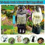 YAOSAN Hawk Decoy to Scare Birds Away - Owl & Hawk Garden Decoy Combo, 2X Protection Wind-Activated Bird Deterrent for Farms & Yards, 50% Larger Size (15")