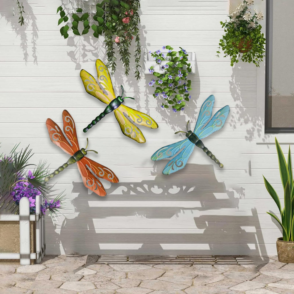 PLASUPPY Metal Dragonfly Wall Decor Outdoor Garden Fence Art Hanging Decorations for Patio, Yard, Indoor Home, Living Room, Bedroom, 3 Pack (Large)