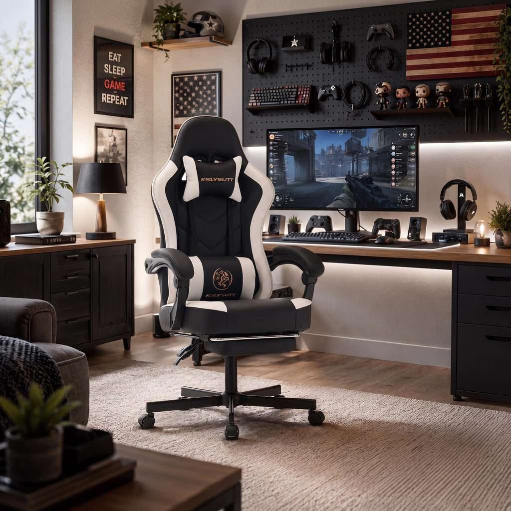 Kslysuty Desk Computer Gaming Chair - High Back Ergonomic Office Chair with Footrest and Lumbar Support, Swivel Comfy Home Gamer Video Game Chairs with Pocket Spring Cushion for Adults (White Leather)