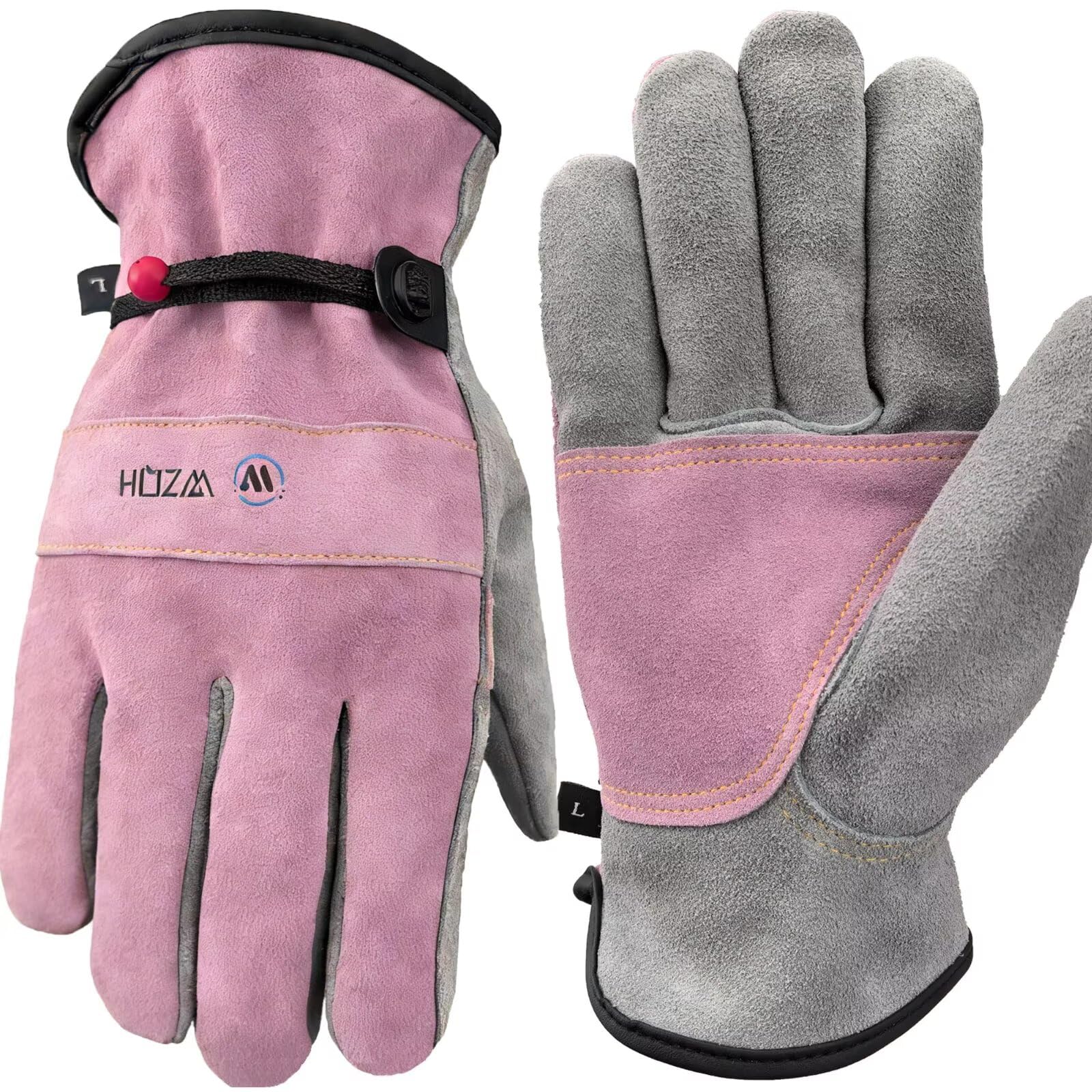 WZQH Leather Work Gloves for Men or Women. Medium Glove for Gardening, Tig/Mig Welding, Construction, Chainsaw, Farm, Ranch, etc. Cowhide, Cotton Lined, Utility, Firm Grip, Durable. Pink-Grey M