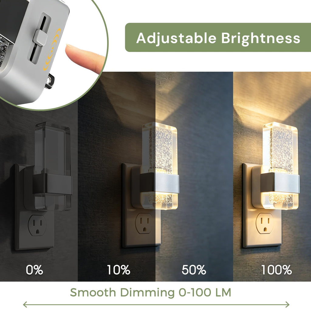L LOHAS LED Night Light, Dimmable Night Lights Plug into Wall, 2 Pack Acrylic Silver Nightlight with Light Sensor, 0-100LM Automatic Plug in Nightlight for Bathroom, Hallway, Stairway, Gift