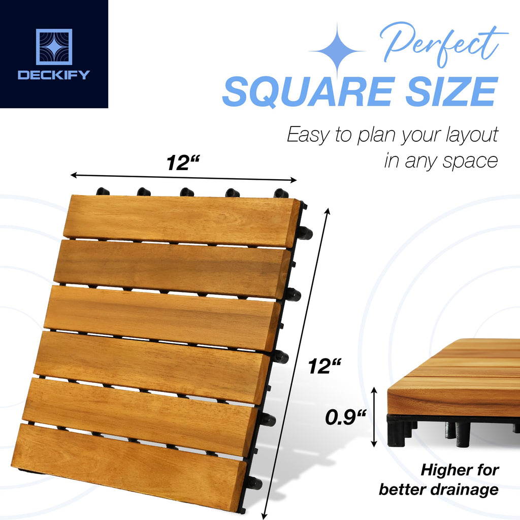 DECKIFY 9Pcs Premium Acacia Wood Interlocking Patio Deck Tiles, 12 x 12 x 0.9 Inch Outdoor Flooring, Waterproof for All-Weather Use – Striped, Golden Teak