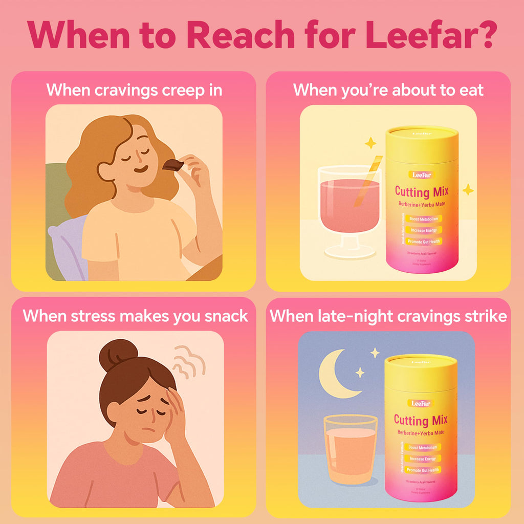 Leefar Cutting Drink Mix - Berberine, 5-HTP & Yerba Mate for Satiety Signaling, Metabolism & Gut Health - Strawberry Açaí Flavored, 30 Count