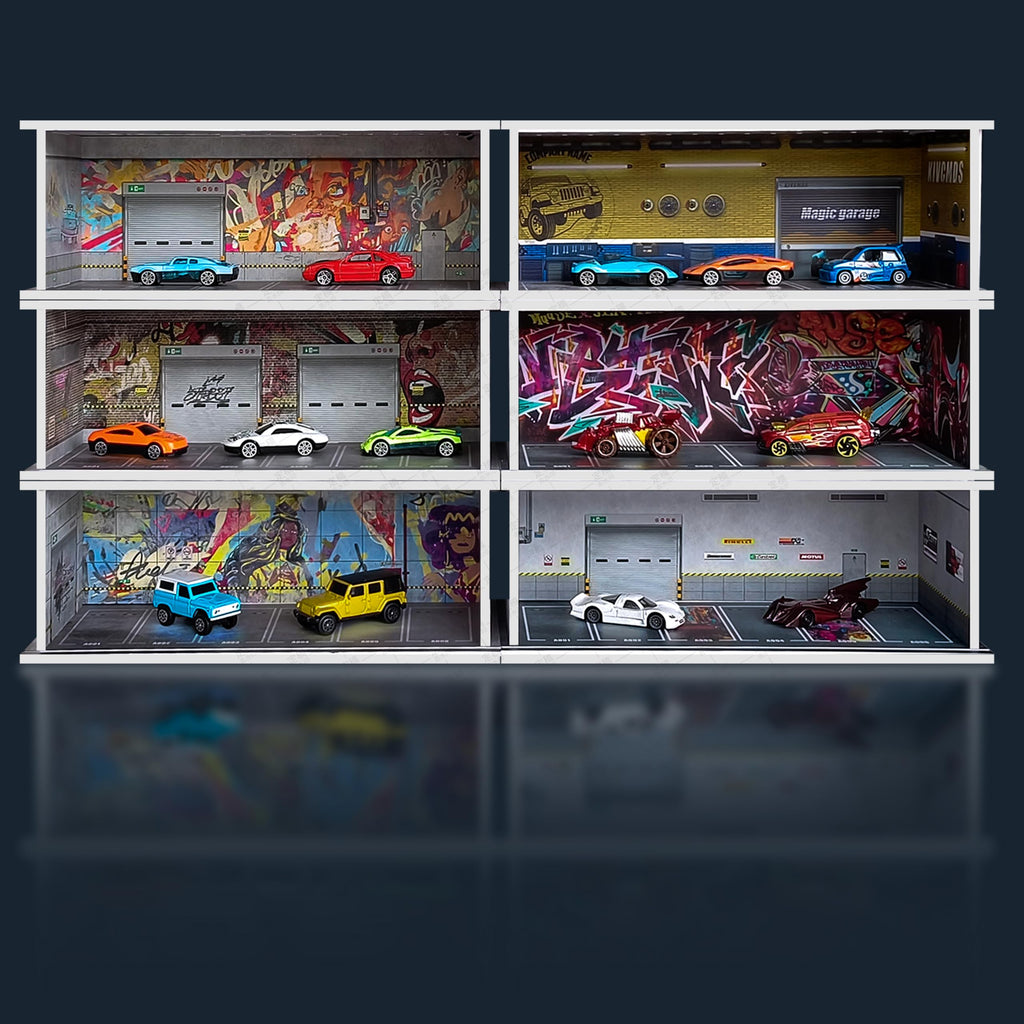 1/64 Scale Cars Display Case: Toy Car Parking Garage with LED Light Compatible with Hot Wheels, FoamBoard Storage Display for Matchbox with Acrylic Cover (Shattering World)