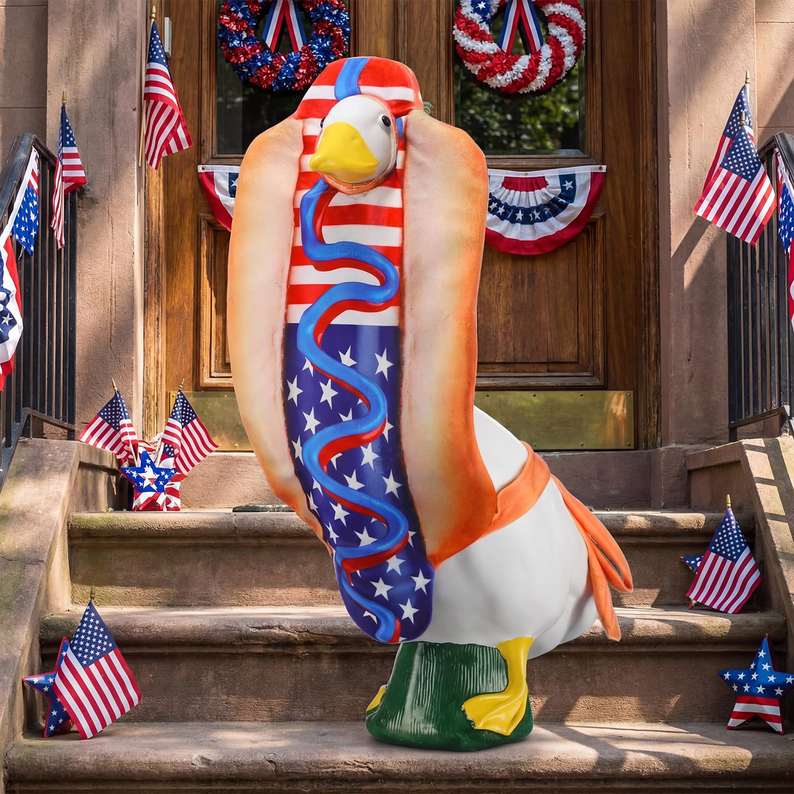 Tudomro 4th of July Porch Goose Outfit for 23" H 250th Anniversary Hot Dog Patriotic Goose Clothes American Flag Fits Independence Day Large Cement Statue Outdoor Patio Garden Yard Lawn Costume Decor