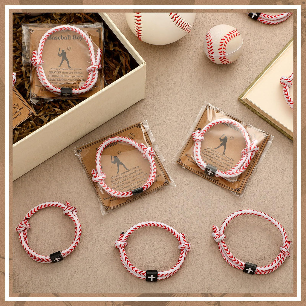 Tondiamo 12 Set Football Basketball Softball Baseball Volleyball Team Gifts Braided Christian Cross Bracelet for Men Women(Baseball)