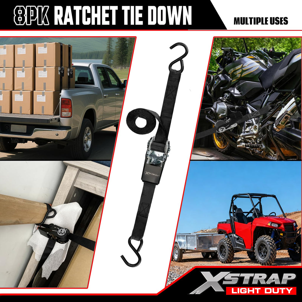 XSTRAP STANDARD Ratchet Tie Down Straps 8PK 1'' x 10 ft - 900 LB Break Strength Cargo Straps for Moving Appliances, Lawn Equipment, Motorcycle (Black)