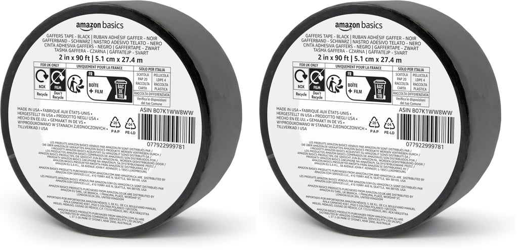 Amazon Basics No Residue, Non-Reflective Gaffers Tape for Photography, 2 inch x 90 feet, Black (Pack of 2)