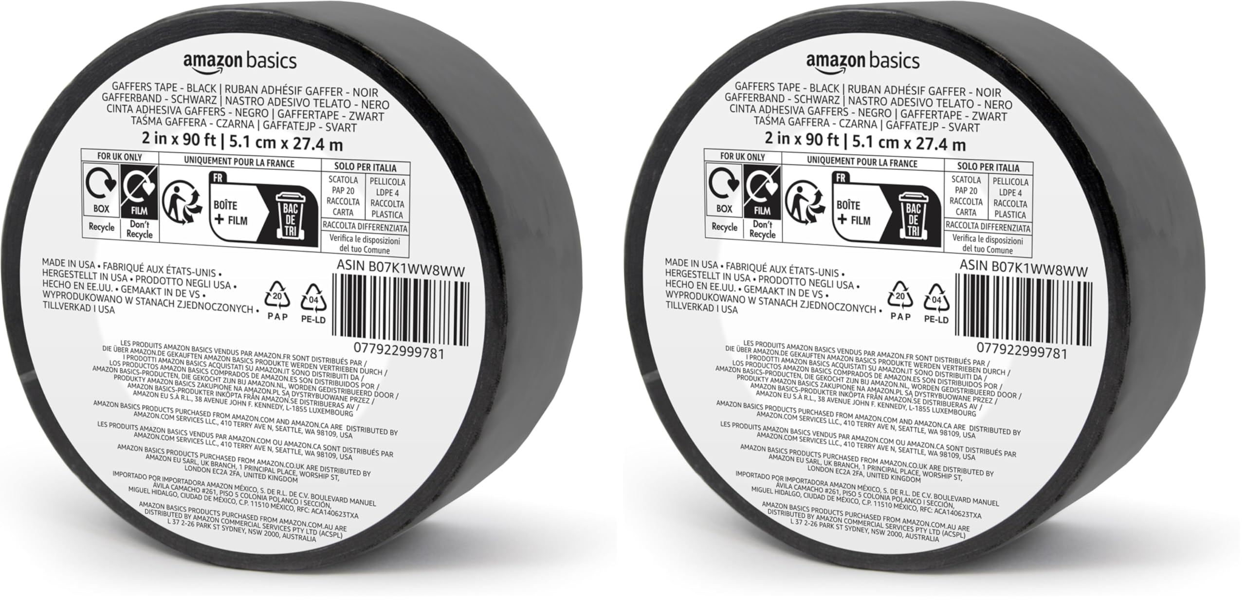Amazon Basics No Residue, Non-Reflective Gaffers Tape for Photography, 2 inch x 90 feet, Black (Pack of 2)