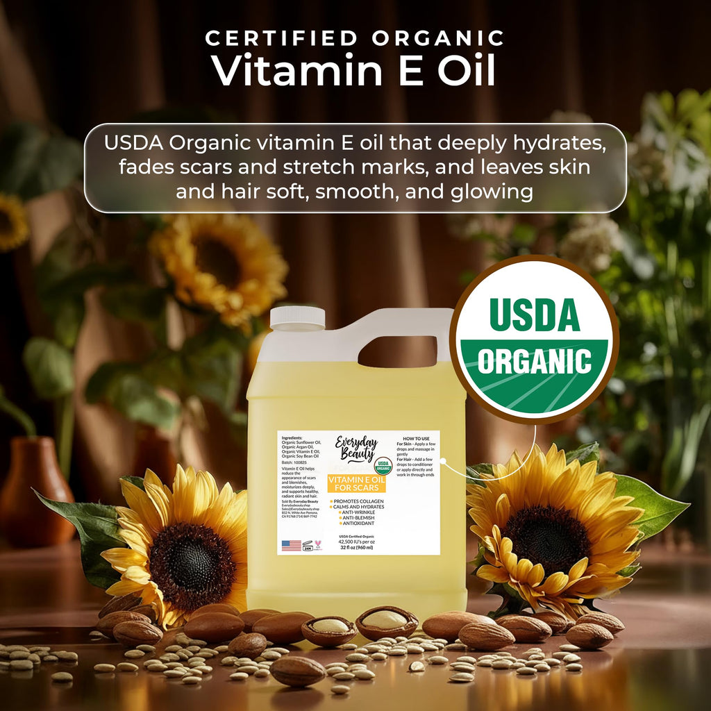 Organic Vitamin E Oil Bulk - 32oz USDA Certified 100% All Natural Plant Based - Light and Unscented Great for Scars After Surgery - For Face, Skin and Nails - Anti-Aging, Reduce Appearance of Wrinkles